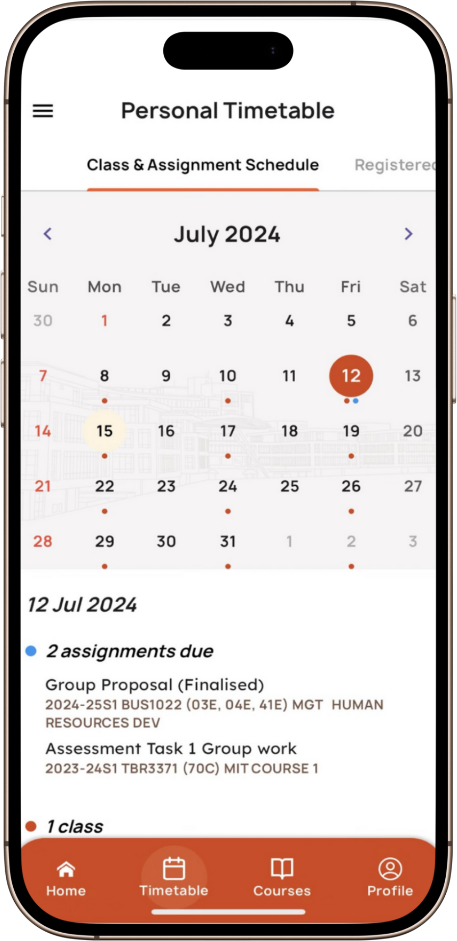 Mobile app personal timetable